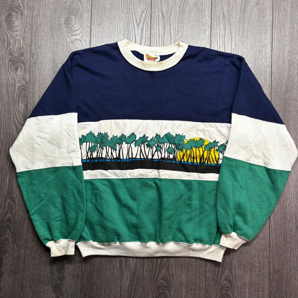 Vintage 80s Splash Colorblock Palm Tree Graphic Sweatshirt Mens Medium Navy Gren